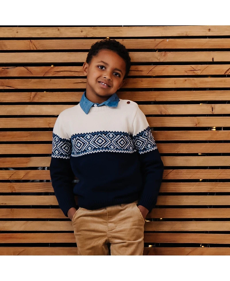 Hope & Henry Boys Organic Long Sleeve Intarsia Crew Neck Pullover Sweater with Buttons
