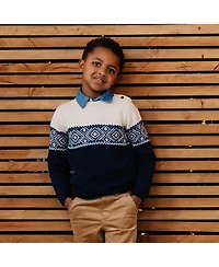Hope & Henry Boys Organic Long Sleeve Intarsia Crew Neck Pullover Sweater with Buttons