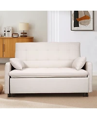 Maison Boucle 61'' Tufted Convertible Sofa Bed, Pull-Out Sleeper Loveseat with Adjustable Backrest, Side Storage & Smooth Wheels for Small Spaces-Mais