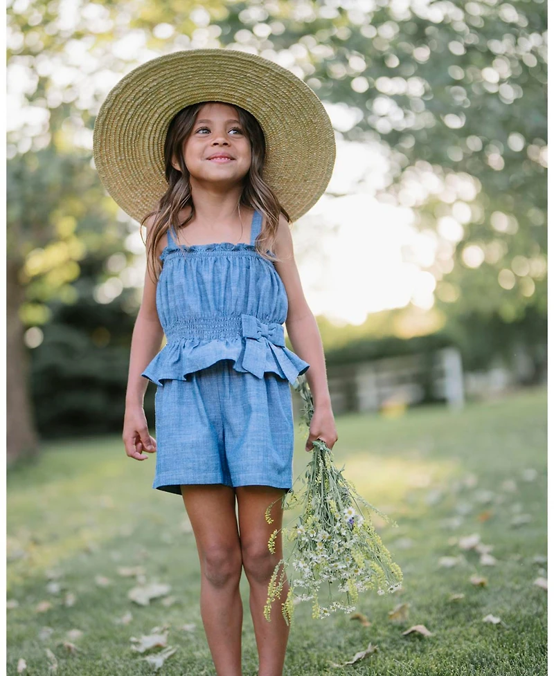 Hope & Henry Toddler Girls Sleeveless Smocked Waist Chambray Romper