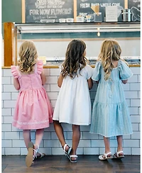 Hope & Henry Big Girls Pleated Flutter Sleeve Apron Dress with Embroidery