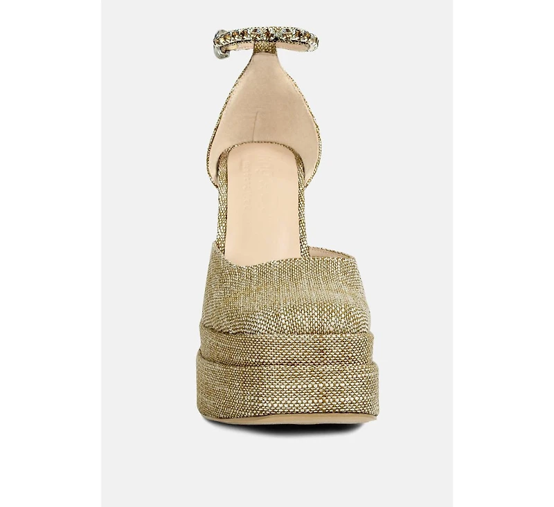 Cosette Diamante Embellished Ankle Strap High Block Heel Sandals Off White