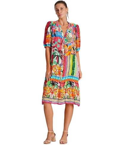 La Moda Clothing Women's Midi Summer Dress with Collared Neck, Short Sleeves