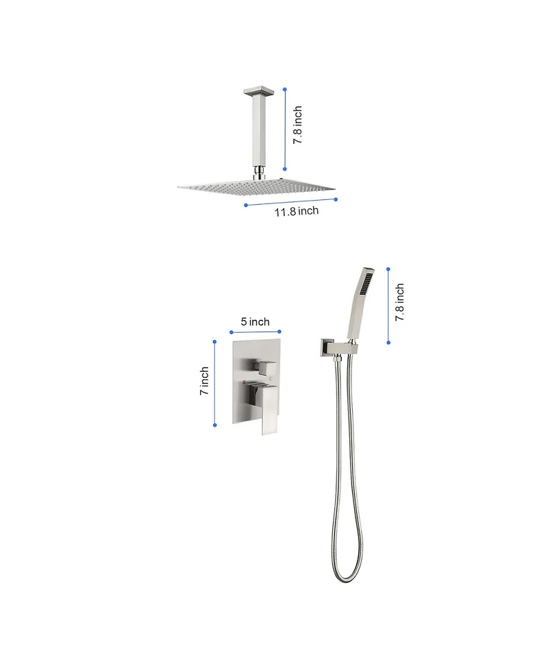 Rainsken 12" Shower Head System Ceiling Mounted Shower, Modern 2-Setting Square Shower System, Rainfall Shower Faucet Set Brushed
