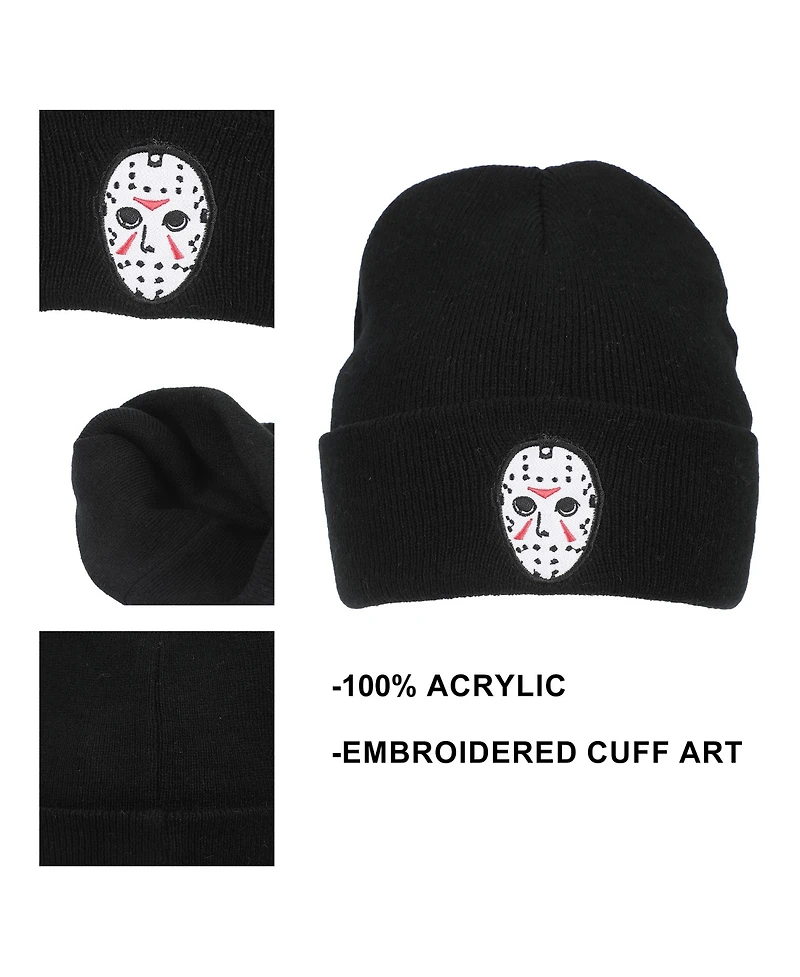 Friday the 13th Men's Jason Mask Embroidery On Acrylic Knit Standard Cuff Beanie