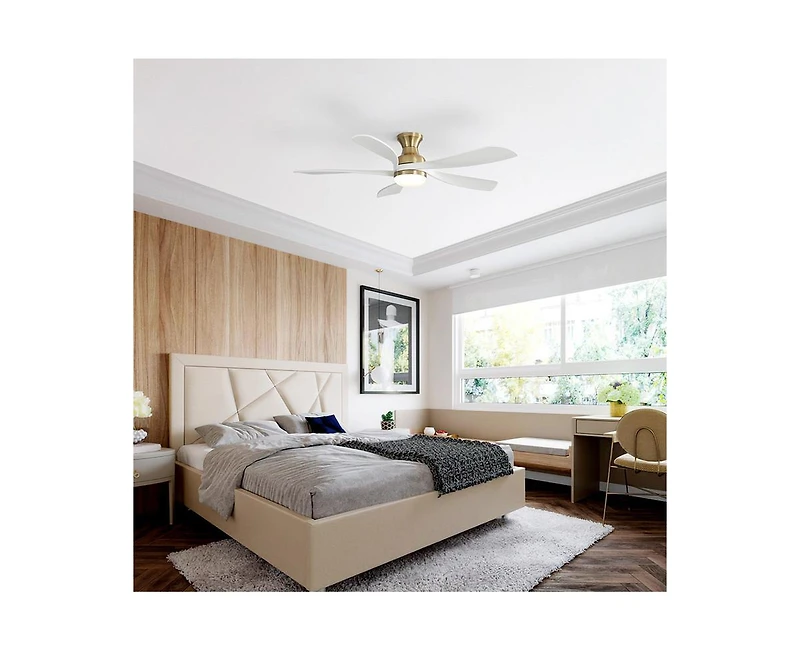 52-inch Modern Minimalist Golden 5-Blade Flush Mount with Led Light Remote Control Supports 6 Speeds and Timer Function