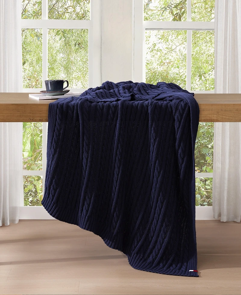 Tommy Hilfiger Solid Cotton Cable Knit Throw Blanket, 70" x 50"
