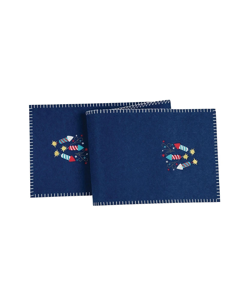 Patriotic 4th of July Solid Blue Sparkler Embroidered Fireworks Design Felt Table Runner 12" x 47.25"