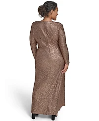Jessica Howard Plus Sequin Twist-Front Long Sleeve Gown