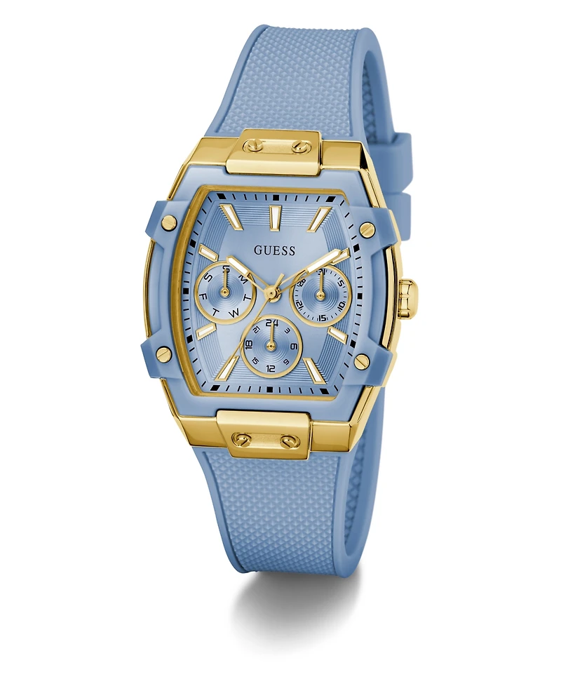 Guess Women's Gold-Tone Light Blue Silicone Multi-Function Watch, 35mm