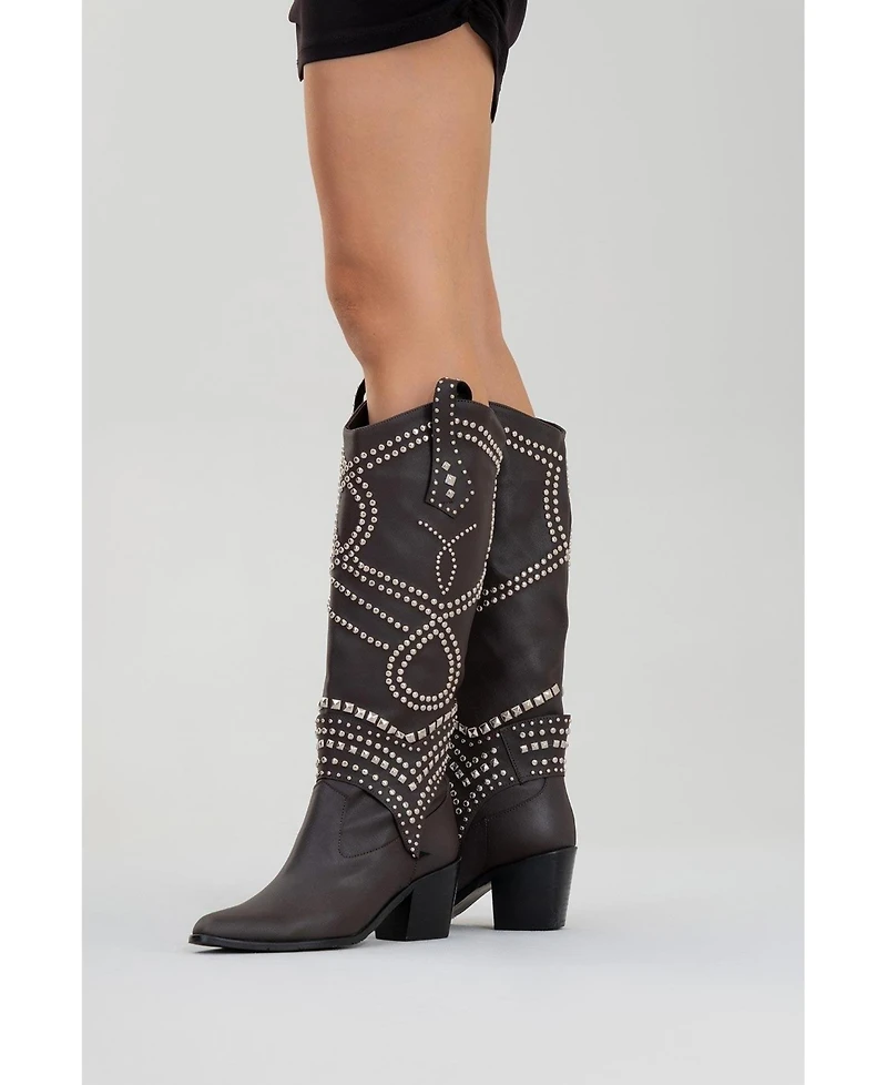 Prologue Shoes Draga Studded Block Heel Knee High Boot (Women)