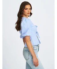 Miss Circle Women's Qusayla Baby Blue Gingham Bubble Sleeve Bowtie Top