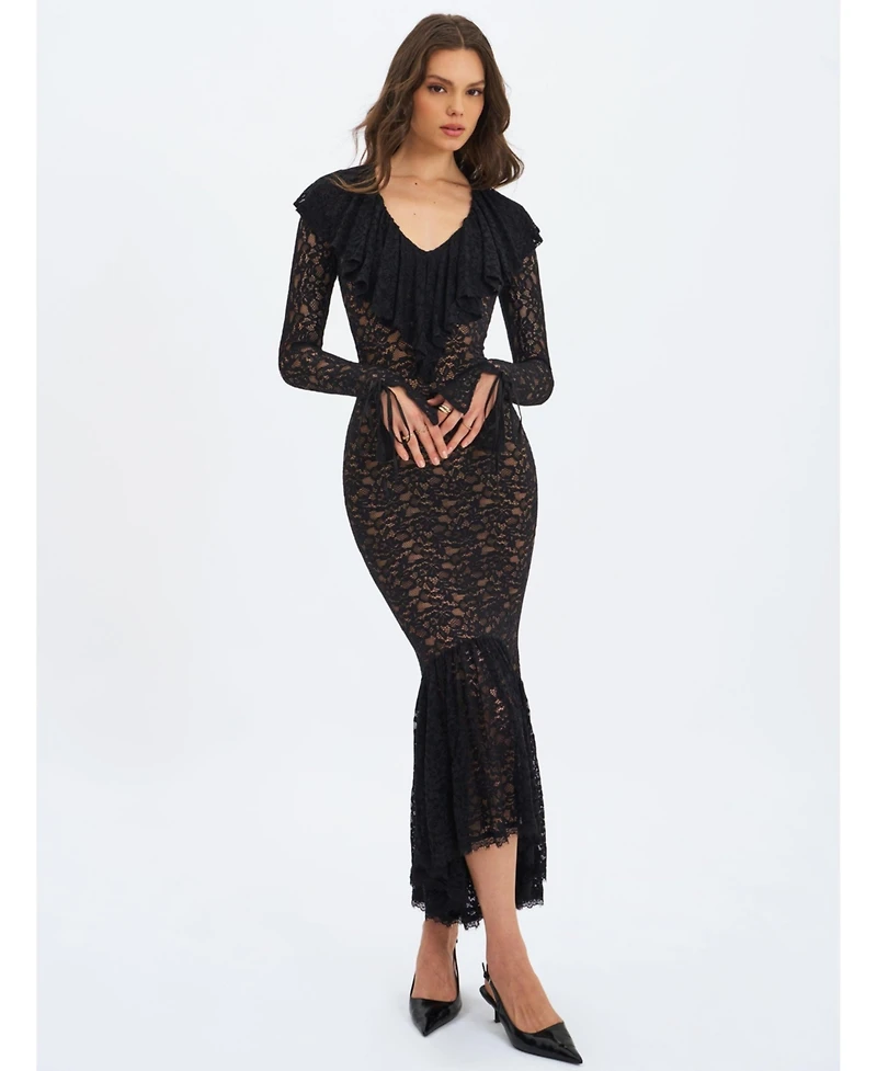 Miss Circle Women's Parisa Black Lace Ruffled Mermaid Maxi Dress