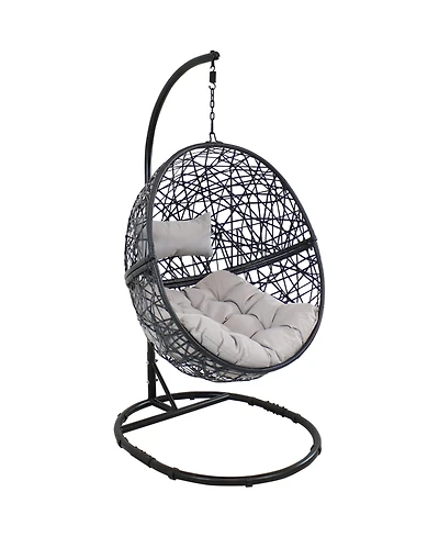Outdoor Resin Wicker Jackson Hanging Basket Egg Chair Swing with Cushions, Headrest, and Steel Stand Set - 3pc