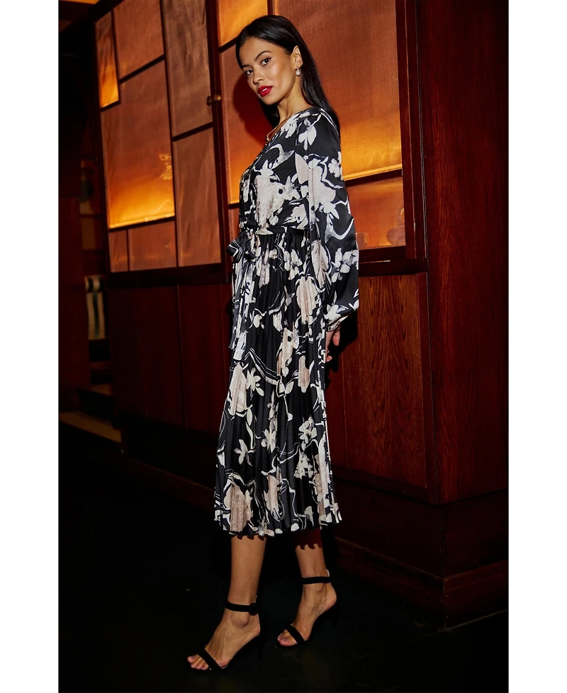 Yumi Women's Floral Satin Long Sleeve Midi Dress