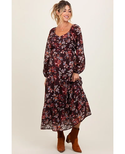 Pinkblush Maternity Brown Floral V-Neck Bubble Sleeve Maxi Dress