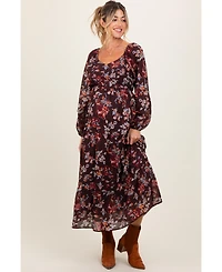 Pinkblush Maternity Brown Floral V-Neck Bubble Sleeve Maxi Dress