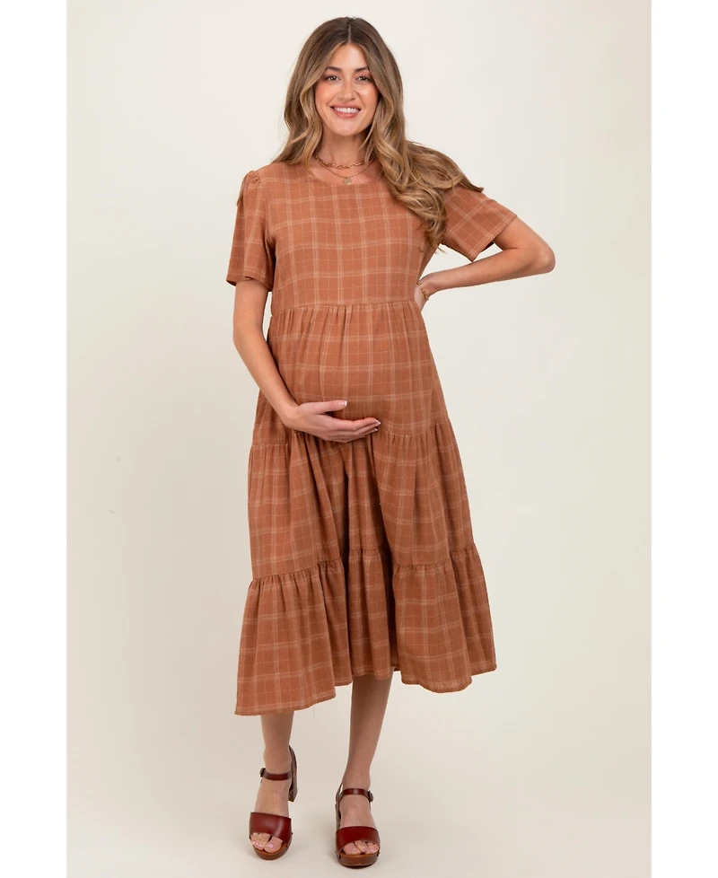 Pinkblush Maternity Rust Plaid Tiered Short Sleeve Dress