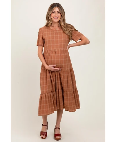 Pinkblush Maternity Rust Plaid Tiered Short Sleeve Dress