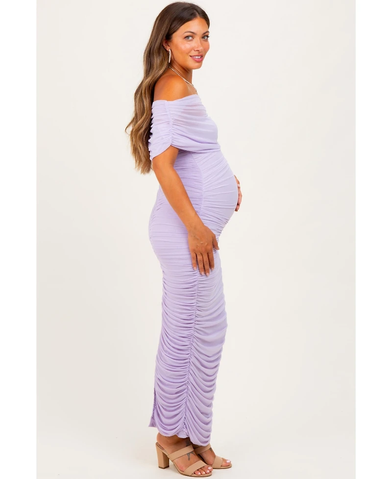 Pinkblush Maternity Light Pink Ruched Mesh Foldover Off Shoulder Maxi Dress