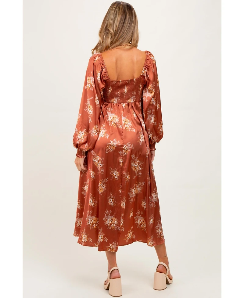 Pinkblush Maternity Rust Satin Floral Bubble Sleeve Midi Dress