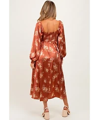 Pinkblush Maternity Rust Satin Floral Bubble Sleeve Midi Dress