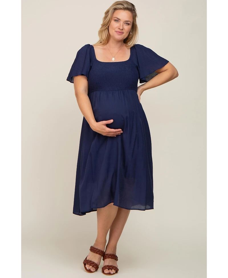 Pinkblush Plus Navy Blue Smocked Square Neck Flutter Short Sleeve Midi Dress