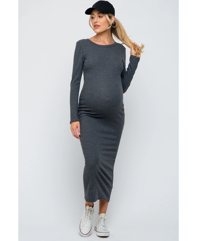 Pinkblush Maternity Black Ribbed Fitted Long Sleeve Midi Dress