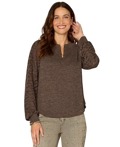 Democracy Petite Mandarin Collar Hem Knit Top