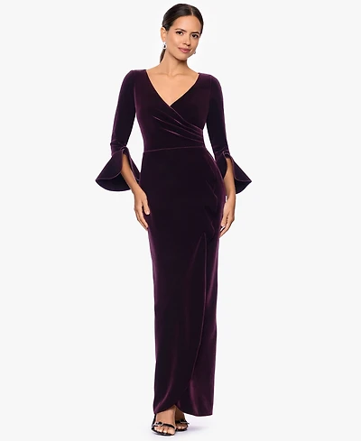Betsy & Adam Women's Velvet Long Sleeve V-Neck Gown