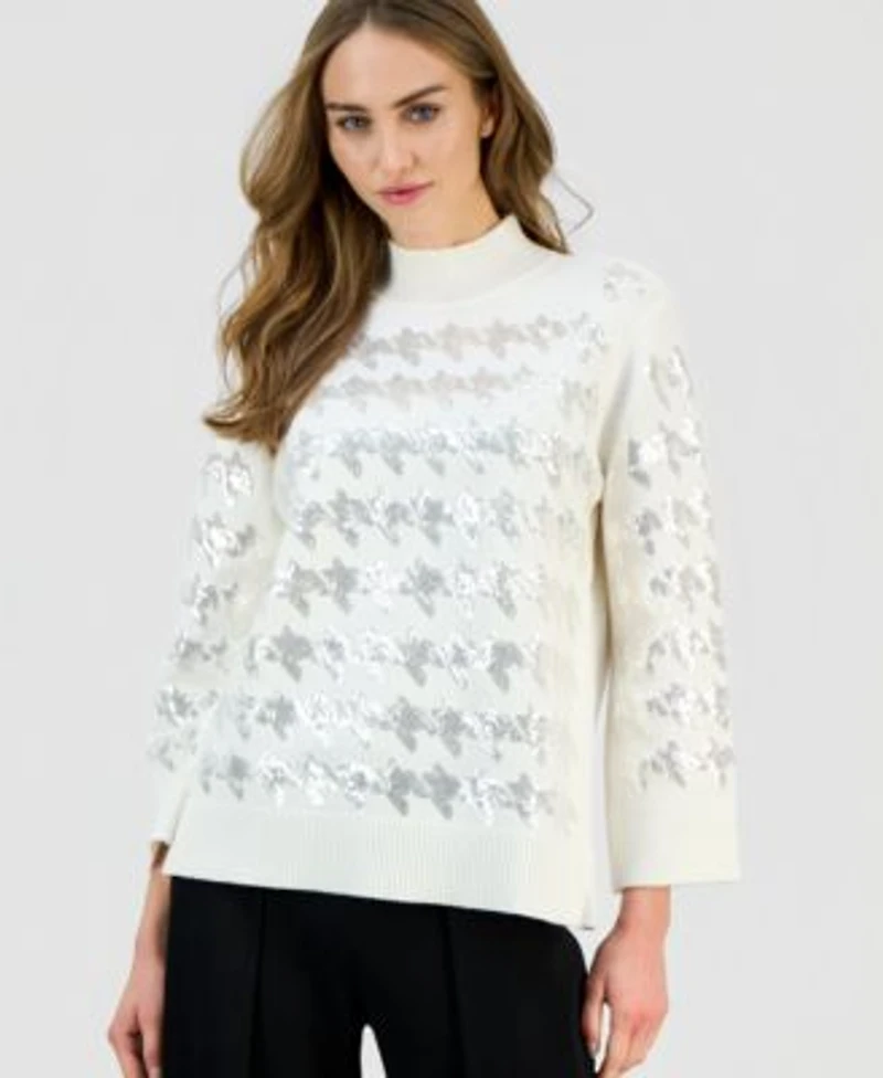 Anne Klein Womens Houndstooth Sequin Mock Neck Sweater P Xxs Xxl