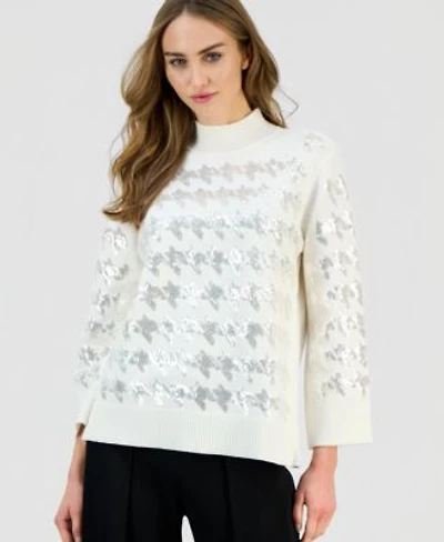 Anne Klein Womens Houndstooth Sequin Mock Neck Sweater P Xxs Xxl
