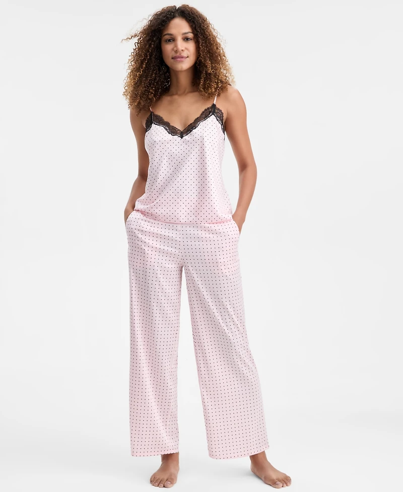 I.n.c. International Concepts Women's Stretch Satin Lace-Trim Top & Pajama Pants Set, Created for Macy's