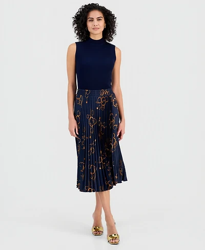 T Tahari Women's Printed Pull-On Pleated Midi Skirt