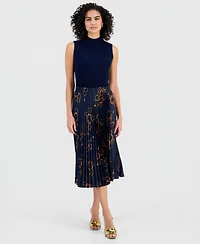 T Tahari Women's Printed Pull-On Pleated Midi Skirt