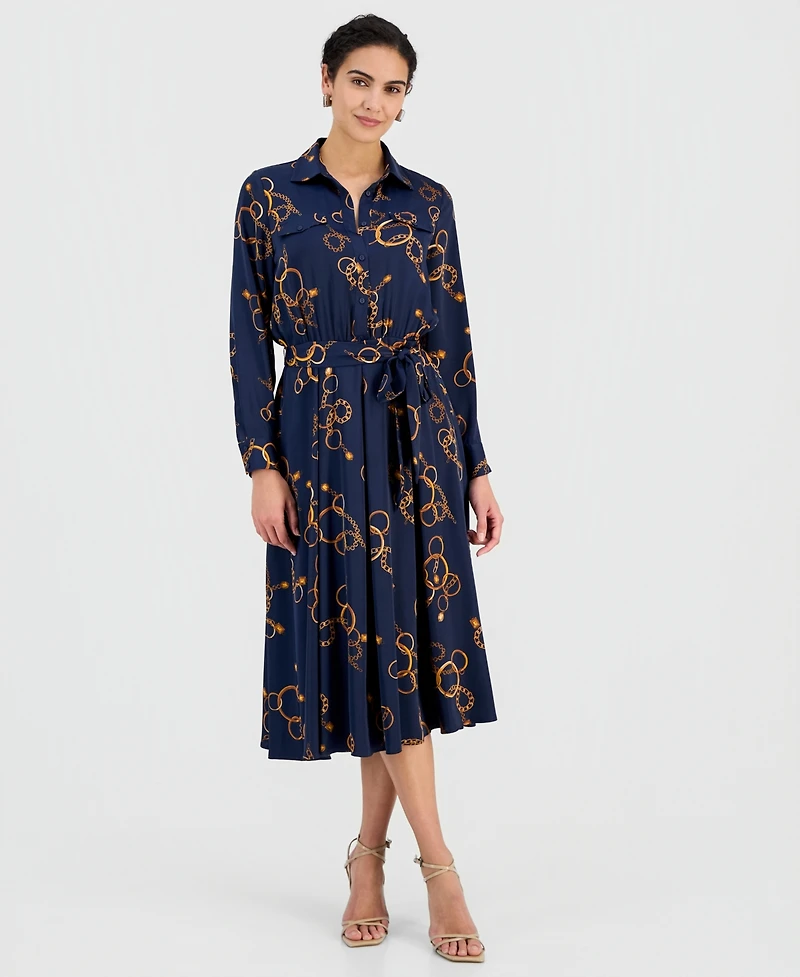 T Tahari Women's Printed Belted Midi Dress