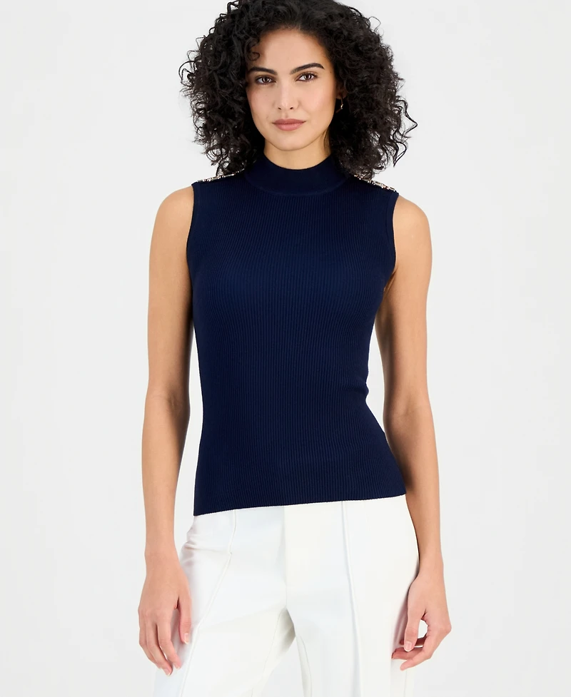 T Tahari Women's Sleeveless Mock-Neck Sweater
