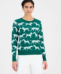T Tahari Women's Dog Jacquard Crewneck Sweater