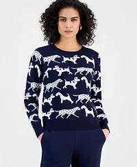 T Tahari Women's Dog Jacquard Crewneck Sweater