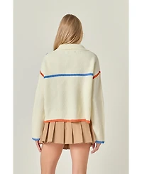 English Factory Women's Contrast Piping Quarter Zip Sweater