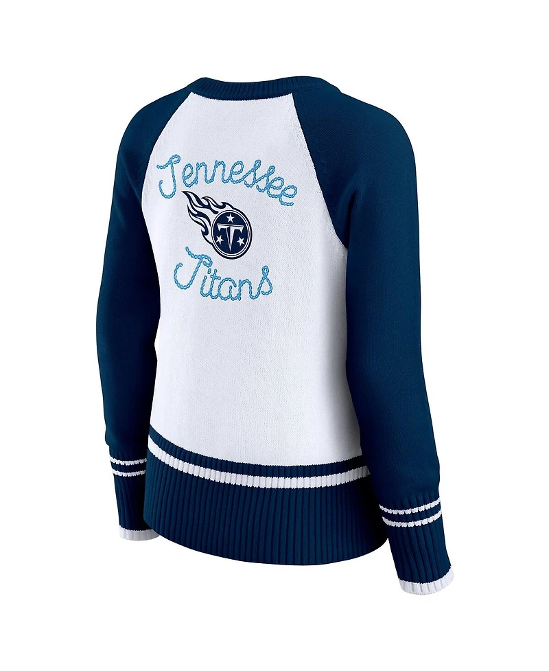Wear by Erin Andrews Women's White/Navy Tennessee Titans Color Block Raglan Sweater