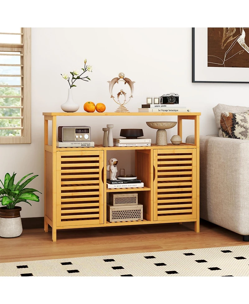 Gymax Bamboo Bathroom Cabinet 2-Door Storage Organizer w/ Shelves for Living Room