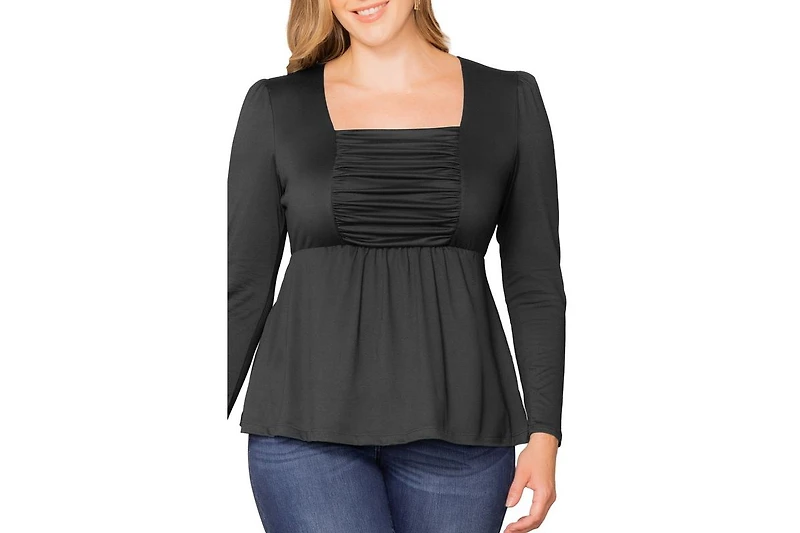 Kiyonna Women's Plus Rylan Long Sleeve Square Neck Ruched Top