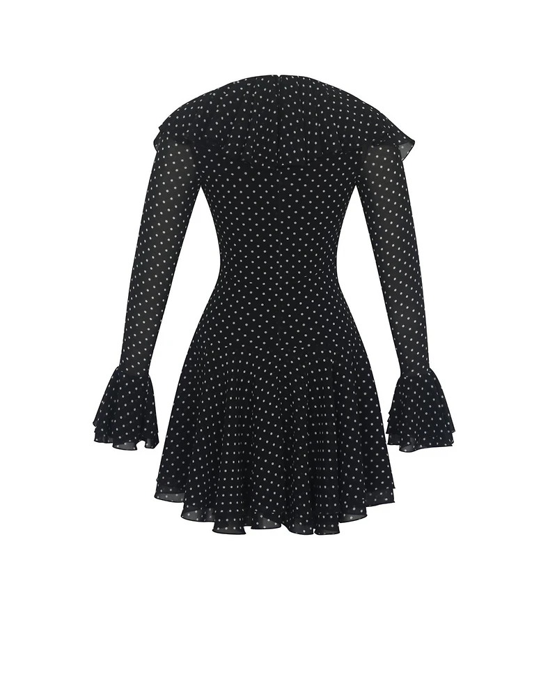 Miss Circle Women Omari Black Chiffon Polka Dot Ruffled Neckline Mini Dress