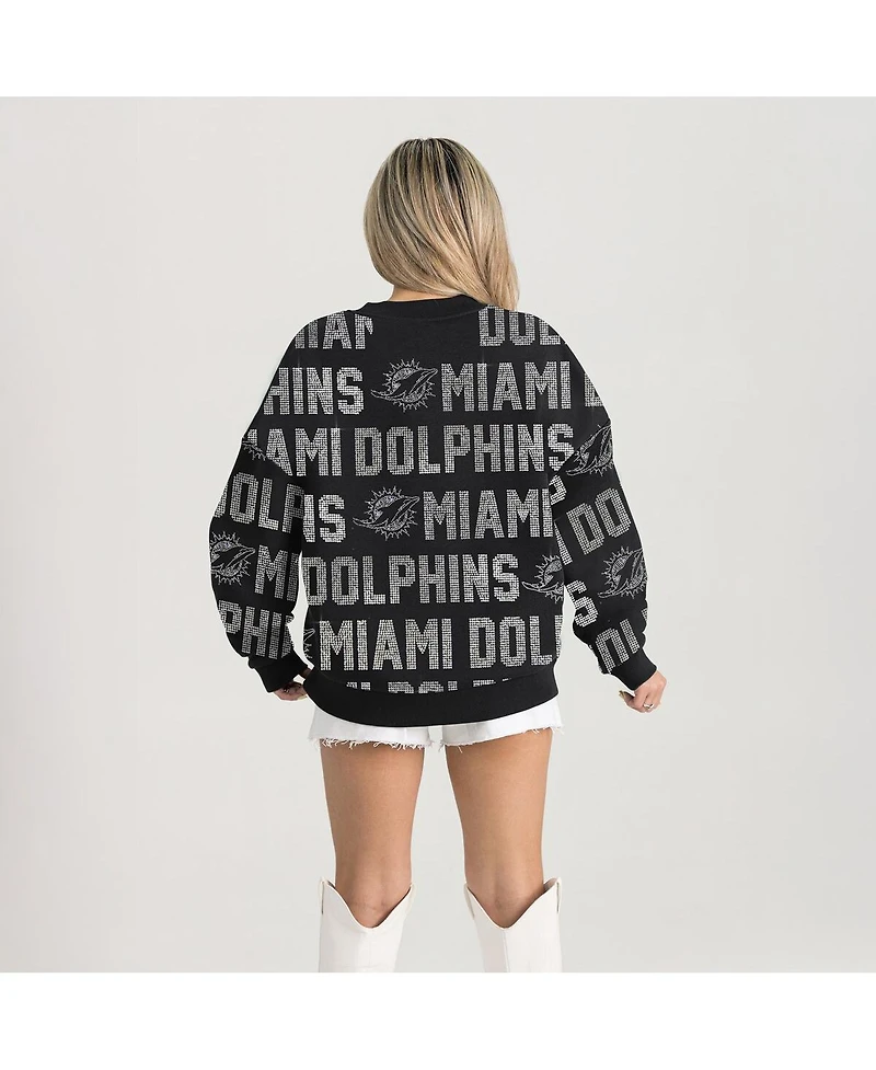 Gameday Couture Women's Black Miami Dolphins Relaxed Drop Shoulder Hype Era Rhinestone Text Sweatshirt