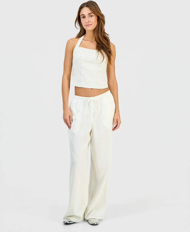 Hippie Rose Juniors' Linen-Blend Wide-Leg Tie-Front Drawstring Pants
