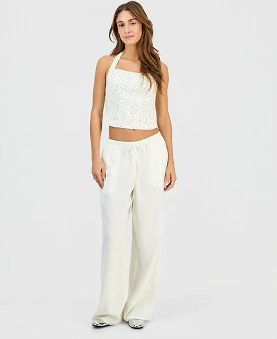 Hippie Rose Juniors' Linen-Blend Wide-Leg Tie-Front Drawstring Pants