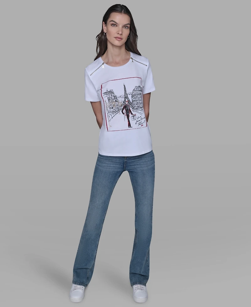 Karl Lagerfeld Paris Women's Zip-Shoulder T-Shirt