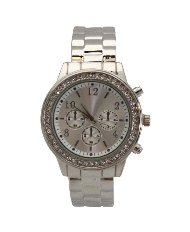 Silver Rhinestone Bezel Chronograph Bangle Watch