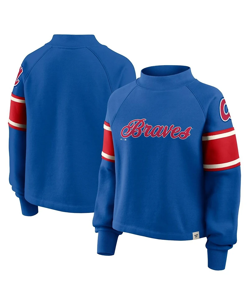 Fanatics Women's Royal Atlanta Braves Oversized Toss Sweep Raglan Pullover Sweatshirt